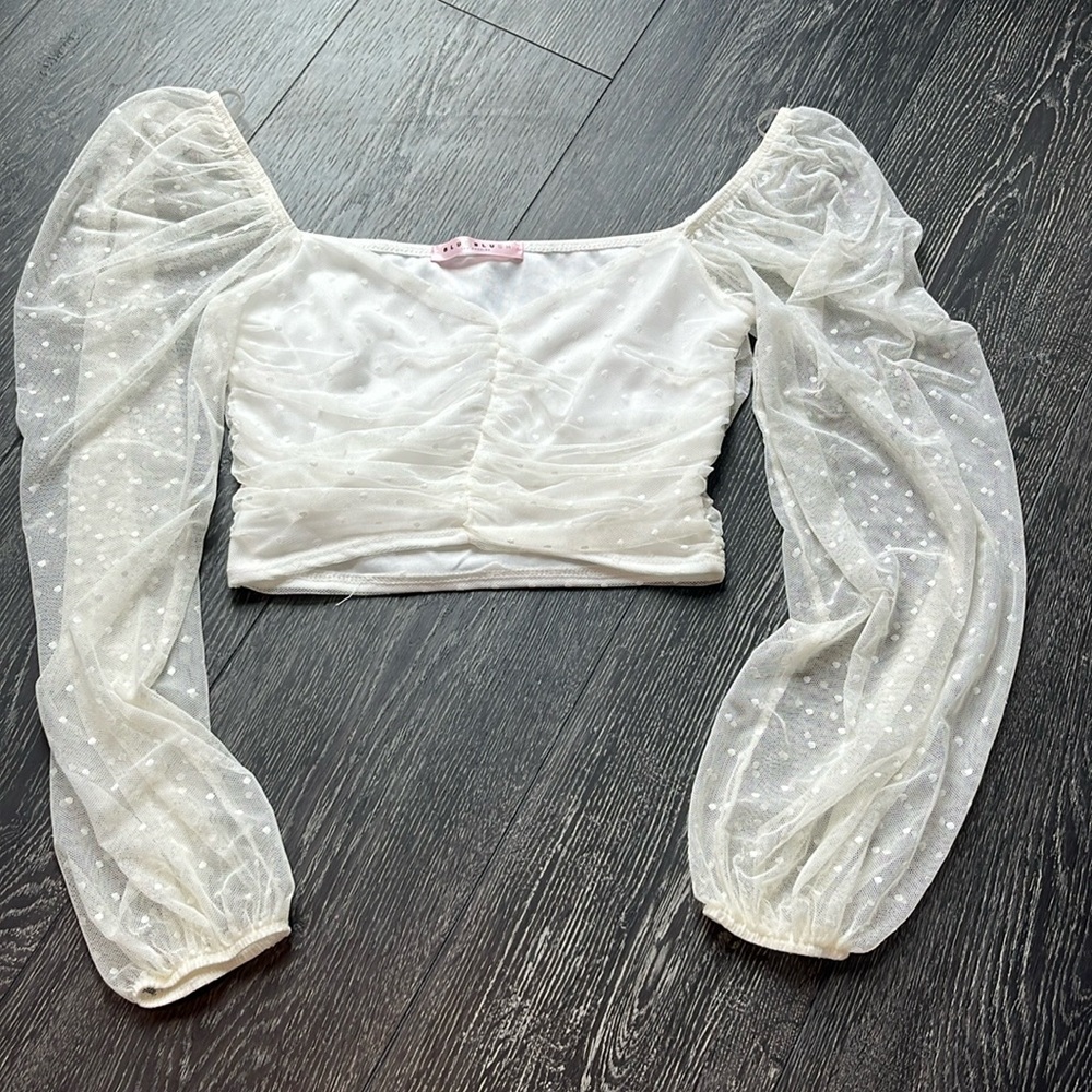 Blue blush cream mesh, long sleeve crop top size small